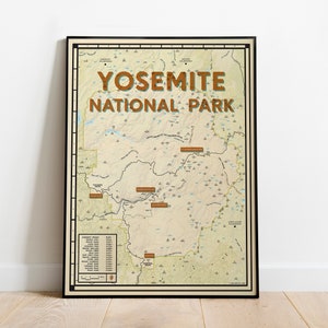 Poster kaart van het Yosemite National Park | Californië kaart kunstafdruk | Boho-huisdecoratie | Wandelaar backpacker outdoor reiscadeau
