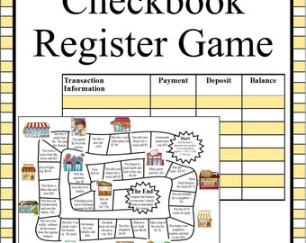 May include: A colorful game board with a checkbook register theme. The board features various activities and transactions, including buying candy, visiting a farm, and helping a neighbor. The game encourages players to track their finances and make responsible financial decisions.