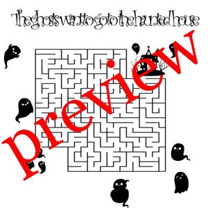 K&ouml;nnte beinhalten: Ein Halloween-Labyrinth-Puzzle mit dem Text "The ghosts want to go to the haunted house". Schwarze Geisterillustrationen und eine Geisterhausgrafik sind enthalten. Das Wort "Preview" ist rot &uuml;ber das Bild gestempelt. Das Labyrinth ist in Schwarz und Wei&szlig; gehalten.