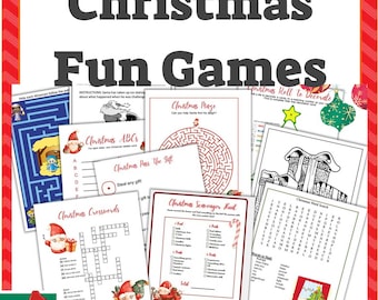 May include: A collage of printable Christmas games, including a maze, crossword puzzle, word search, and scavenger hunt. The games feature a festive red and green color scheme with illustrations of Santa Claus and Christmas trees.
