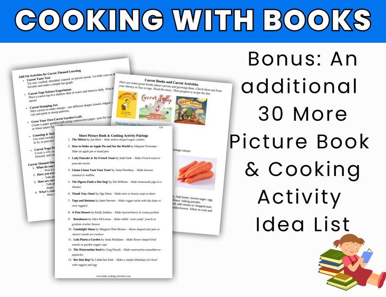 May include: A collection of printed pages with the text "COOKING WITH BOOKS" at the top. The pages include a list of picture book and cooking activity pairings, and a bonus list of 30 more ideas. A cartoon girl is reading a book.