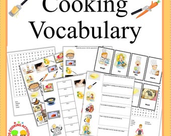 May include: A set of printable worksheets for kids to learn cooking vocabulary. The worksheets include word searches, matching games, and fill-in-the-blank activities. The worksheets feature illustrations of common cooking tools and ingredients.