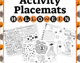 May include: Black and white printable Halloween activity placemats with various games and activities, including a word search, maze, connect the dots, and a find the hidden objects game. The placemats feature Halloween themes such as pumpkins, bats, ghosts, and spiders.