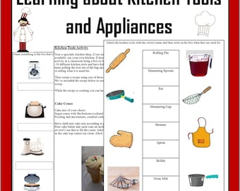 May include: A printable worksheet for learning about kitchen tools and appliances. The worksheet includes a list of kitchen tools and appliances, with images of each item. The worksheet also includes a section for students to match the kitchen tools with their correct names and write in the box what they are used for.