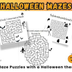 K&ouml;nnte beinhalten: Ein Halloween-Bild mit drei Labyrinth-R&auml;tseln. Die Labyrinthe sind in schwarzer Linienf&uuml;hrung auf wei&szlig;em Papier dargestellt, mit Halloween-Illustrationen wie Flederm&auml;usen, Skeletten, Geistern und einem K&uuml;rbis. Der Text "HALLOWEEN MAZES" steht oben, und "30 Maze Puzzles with a Halloween theme" steht unten.