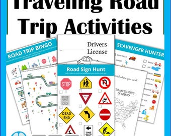 Puede incluir: Un conjunto de actividades de viaje por carretera imprimibles para niños. Las actividades incluyen un juego de bingo de viaje por carretera, una licencia de conducir, una búsqueda de señales de tráfico y una búsqueda del tesoro. Las actividades están diseñadas para ayudar a los niños a aprender sobre seguridad vial y divertirse en un viaje por carretera.