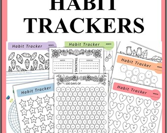 May include: A collection of printable habit tracker pages with different designs. The designs include crystals, flowers, stars, hearts, and hexagons. The pages are black and white and have the text "Habit Tracker" and "MONTH" at the top.