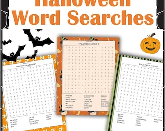 Könnte beinhalten: Halloween-Wortsuchrätsel. Das Bild zeigt drei verschiedene Wortsuchrätsel mit Halloween-Themen, darunter Verben, Nomen und Körperteile. Die Rätsel sind auf orangefarbenem und grünem Papier mit Halloween-Illustrationen gedruckt.