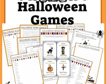 Könnte beinhalten: Eine Sammlung von Spielen zum Thema Halloween, darunter Wortsuchrätsel und Zuordnungsspiele. Die Spiele zeigen gruselige Grafiken und Texte wie "Halloween Word Search" und "Halloween Notebook". Das Farbschema ist orange, schwarz und lila.