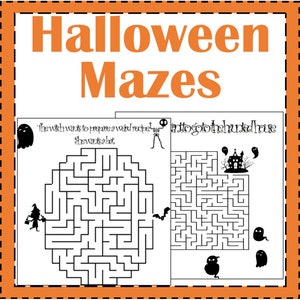 K&ouml;nnte beinhalten: Halloween-Labyrinthe mit orangefarbenem Text und einem gestrichelten Rand. Gezeigt werden zwei schwarz-wei&szlig;e Labyrinthe, eines kreisf&ouml;rmig und eines rechteckig, mit Halloween-Illustrationen wie Geistern, einer Hexe und einem Spukhaus. Der Text auf den Labyrinthen lautet: "Die Hexe m&ouml;chte ein seltsames Rezept zubereiten. Sie will eine Fledermaus."