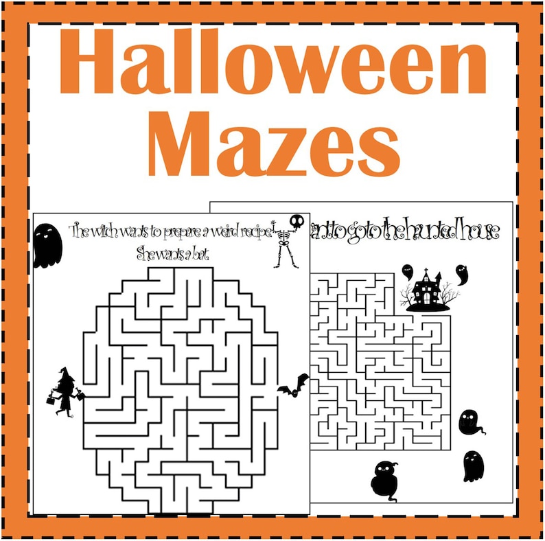 K&ouml;nnte beinhalten: Halloween-Labyrinthe mit orangefarbenem Text und einem gestrichelten Rand. Gezeigt werden zwei schwarz-wei&szlig;e Labyrinthe, eines kreisf&ouml;rmig und eines rechteckig, mit Halloween-Illustrationen wie Geistern, einer Hexe und einem Spukhaus. Der Text auf den Labyrinthen lautet: "Die Hexe m&ouml;chte ein seltsames Rezept zubereiten. Sie will eine Fledermaus."