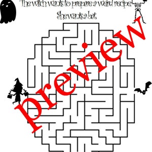 K&ouml;nnte beinhalten: Ein Halloween-Labyrinth in Schwarz und Wei&szlig;. Der Text lautet: "Die Hexe will ein seltsames Rezept zubereiten! Sie will eine Fledermaus". Silhouetten von Geist, Hexe, Skelett und Fledermaus sind enthalten. Das Wort "Vorschau" ist rot.