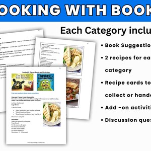 May include: A collection of printable educational materials titled "Cooking with Books." The documents include book suggestions, recipes, activity lists, and discussion questions. The image features sandwich recipes and illustrations of children's books.