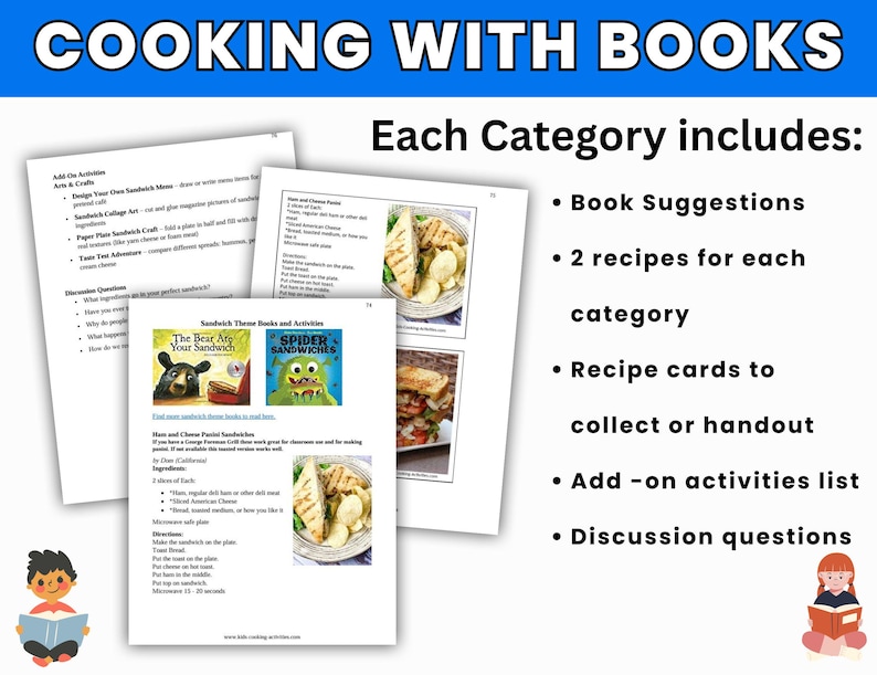 May include: A collection of printable educational materials titled "Cooking with Books." The documents include book suggestions, recipes, activity lists, and discussion questions. The image features sandwich recipes and illustrations of children's books.