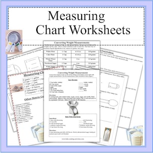 Puede incluir: Hojas de trabajo imprimibles en blanco y negro para que los niños aprendan a medir ingredientes en tazas, onzas y gramos. Las hojas de trabajo incluyen tablas, problemas de palabras e ilustraciones de tazas y cucharas medidoras.