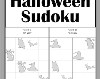 Könnte beinhalten: Ein Halloween-Sudoku-Puzzle mit dem Titel "Halloween Sudoku" in großen, fetten Buchstaben. Das Puzzle zeigt zwei 4x4-Raster mit Halloween-bezogenen Bildern wie Fledermäusen, Katzen, Eulen und Hexenhüten. Der Schwierigkeitsgrad ist als "Einfach" gekennzeichnet.