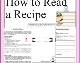 May include: A colorful worksheet with a cartoon chef and a girl, teaching how to read a recipe. The worksheet includes a sample recipe for a Power Berry Smoothie, with instructions on how to read and understand the different parts of a recipe.