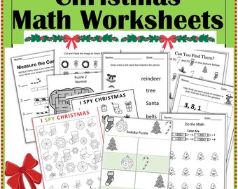 Puede incluir: Un conjunto de hojas de trabajo de matemáticas con temática navideña imprimibles para niños. Las hojas de trabajo incluyen actividades como medir, contar, encontrar números y resolver problemas matemáticos simples. Las hojas de trabajo presentan imágenes de árboles de Navidad, adornos, renos, Papá Noel y bastones de caramelo.