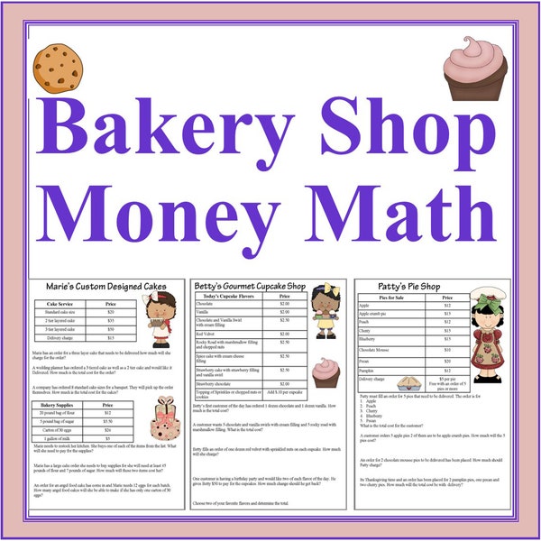 Bakery Shop Money Math Problems- Math Printable Worksheets