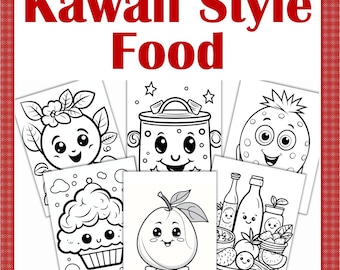 May include: A collection of black and white Kawaii Style Food coloring pages. The pages feature adorable cartoon illustrations of various foods, including fruits, a pot, a cupcake, and more. The title "Kawaii Style Food" is displayed in red.