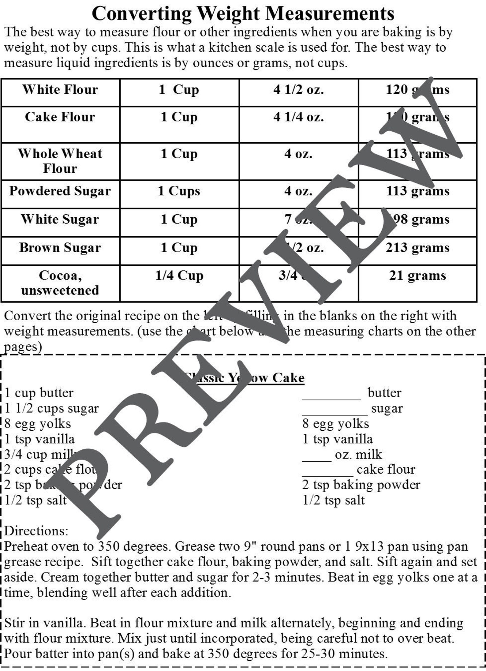 Cooking measurements worksheet