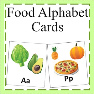 Cartões do alfabeto de alimentos - Jogo do alfabeto de alimentos - Jogo de correspondência de tema de alfabeto - Flashcards de tema de alfabeto