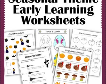 Seasonal Theme Early Learning Worksheets – 50 Printable Pages for Preschool & Kindergarten- Early Learning School Printables