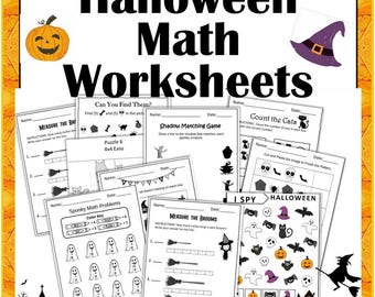 Könnte beinhalten: Eine Sammlung von Mathe-Arbeitsblättern zum Thema Halloween. Die Arbeitsblätter umfassen Aktivitäten wie das Zählen von Katzen, das Messen von Besen und das Lösen von gruseligen Mathe-Problemen. Das Bild zeigt einen Kürbis, einen Hexenhut und andere Halloween-bezogene Grafiken.