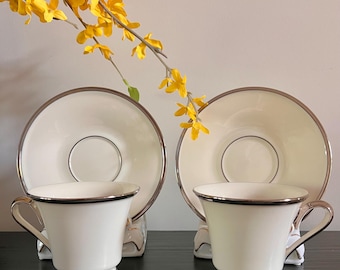 TWO Sets of Lenox Solitaire Cup & Saucer Set for Afternoon Tea (Vintage Bone China)