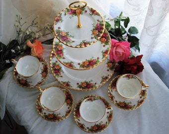 Royal Albert Old Country Roses Cake Stand with Matching Cups