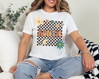 Checkered Auntie Shirt, Custom Aunt Shirt, Vintage Auntie Shirt, Gift for Aunt, Shirt for Aunt, Gift for Sister, Groovy Auntie, Gift for Her