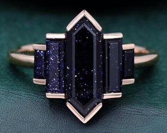 Handmade Art Deco Blue Sandstone Ring: Rose Gold Sterling Silver