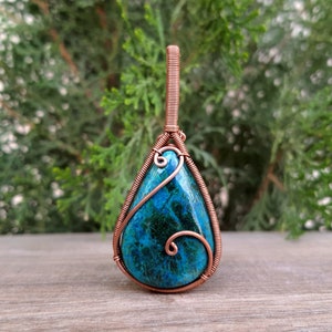 Shattuckite Pendant Copper Wire Wrap Pendant Genuine Gemstone Pendant Handmade Jewelry Wedding Gift Copper Pendant 60x27mm 66.25Ct