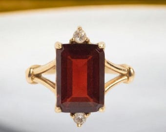 Emerald Cut Lab Created Ruby Solitaire Ring Yellow Gold Minimalist Ring Statement Art Deco Jewelry July Birthstone Anniversary Gift for Her