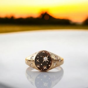 Vintage Celestial Signet Ring, 14k Solid Gold Star & Moon, Handmade