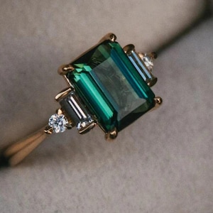 Emerald Cut Emerald Ring, 14k Solid Gold Proposal Ring, November Birthstone Ring, Art Deco Diamond Promise Ring, Anniversary Gift for Her