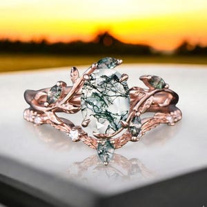 Oval Grün Moos Achat Verlobungsring Rosegold Art Deco Braut Versprechen Set