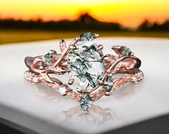 Oval Green Moss Agate Engagement Ring Rose Gold Art Deco Bridal Promise Set