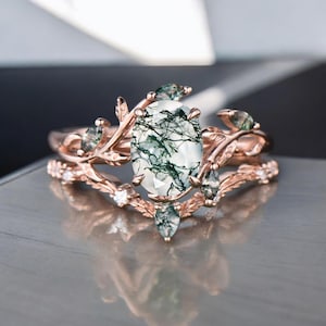 Vintage Oval Moss Agate Engagement Ring Set: Rose Gold Art Deco Leaf Bridal