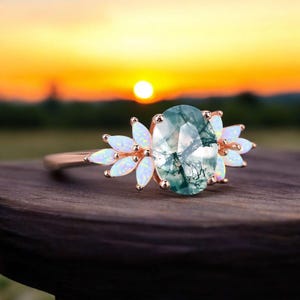 Anel delicado de ágata musgosa: Anel de noivado Art Déco em prata de lei 925 com opala.