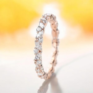 Vintage Moissanite Marquise Cut Round Wedding Band, 10K Rose Gold Wedding Band, Half Eternity Band, Promise Ring Anniversary Band Ring