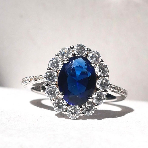 SAPPHIRE HALO RING, Princess Diana ring, halo ring, vintage inspired, beautiful ring, blue stone, 925 silver, gift for her, graduation gift