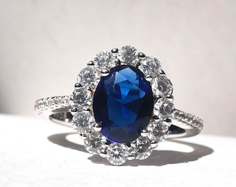 SAPPHIRE HALO RING, Princess Diana ring, halo ring, vintage inspired, beautiful ring, blue stone, 925 silver, gift for her, graduation gift