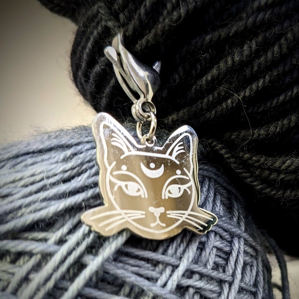 mystical cat stainless steel progress keeper for knitting or crochet, kitten zipper pull, kitty planner charm