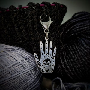 hamsa moon stainless steel progress keeper for knitting or crochet, hand zipper pull, evil eye planner charm