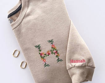 Floral Letter Custom Embroidered Crewneck, Personalized Initial Sweatshirt, Floral Embroidered Sweatshirt, Embroidered Sweatshirt