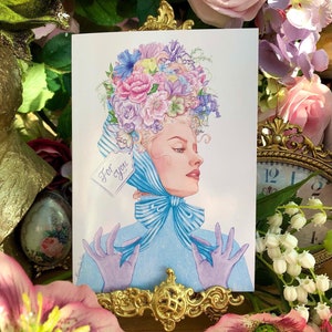 Bow-quet (Floral Bouquet) Art Greeting Card, Fashion Illustration, French Vintage, Flowers, Valentines, Birthday, Mother’s Day