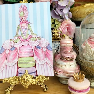 5 x 7, carte de voeux illustrée Madame Macaron, pâtisseries françaises, gâteaux, macaron, Marie-Antoinette, Versailles rococo Paris shabby chic