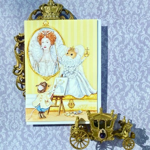 May include: A white mouse wearing a crown and a white dress with a pearl necklace is painting a portrait of a woman in a white dress with a pearl necklace and a crown. The woman is in a gold frame. The mouse is holding a paintbrush and a palette of paints. The painting is on an easel.