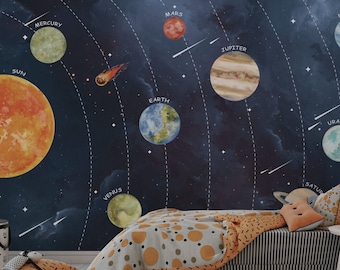 Weltraum- und Planeten-Tapete zum Abziehen und Aufkleben, Kinderzimmer-Wanddekoration, Tapete mit Sonnensystem